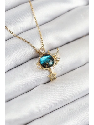 316L Çelik Zirkon Taşlı Gezegen Model Gold Renk Kadın Kolye