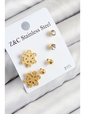 316L Çelik Zirkon Taşlı Kar Tanesi Model Gold Renk Kadın Set Küpe