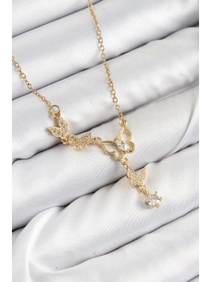 316L Çelik Zirkon Taşlı Kelebek Model Gold Renk Kadın Kolye