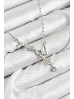 316L Çelik Zirkon Taşlı Kelebek Model Gümüş Renk Kadın Kolye