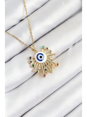 316L Çelik Zirkon Taşlı Nazar Model Gold Renk Kadın Kolye