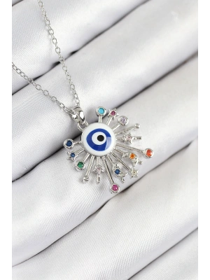 316L Çelik Zirkon Taşlı Nazar Model Gümüş Renk Kadın Kolye