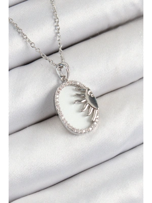 316L Çelik Zirkon Taşlı Yarım Güneş Model Gümüş Renk Kadın Kolye