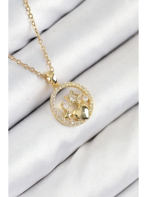 316L Çelik Zirkon Taşlı Yıldız Ve Kalp Model Gold Renk Kadın Kolye