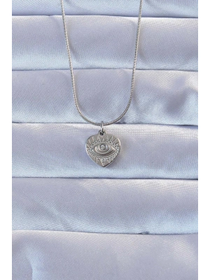 316L Gümüş Renk Zirkon Taşlı İşlemeli Göz Detay Kalp Kolye