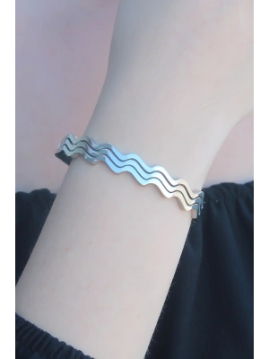 316L Kararmaz Çelik Gümüş Renk Dalga Model Kelepçe Kadın Bileklik