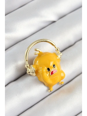 3D Kulaklıklı Sarı Civciv Figürlü Gold Renk Kadın Broş