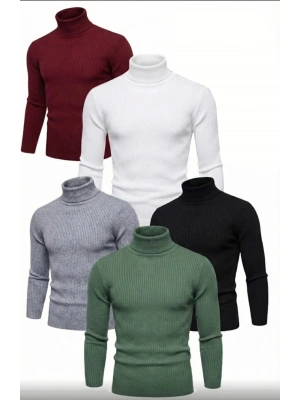 5li Siyah, Beyaz, Bordo, Gri, Haki Unisex Kaşkorse Boğazlı Full Likralı Fitilli Body Kazak