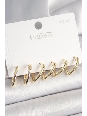 925 Ayar Gümüş Çivi Pirinç Gold Renk Üçgen Model Kadın Küpe Seti