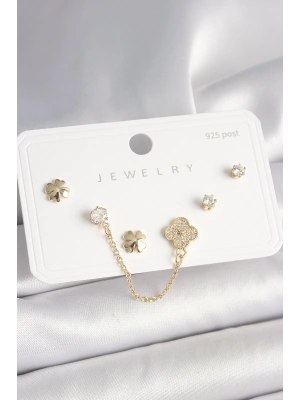 925 Ayar Gümüş Çivi Pirinç Gold Renk Zirkon Taşlı Yonca Model Sallantı Zincir Detay Kadın Küpe Seti