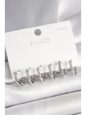 925 Ayar Gümüş Çivi Pirinç Gümüş Renk Bambu Halka Model Kadın Küpe Seti