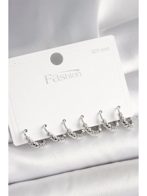 925 Ayar Gümüş Çivi Pirinç Gümüş Renk Kalp İşlemeli Halka Model Kadın Küpe Seti