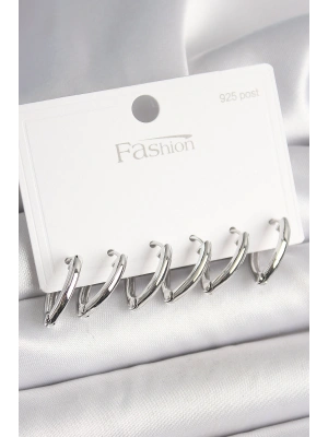 925 Ayar Gümüş Çivi Pirinç Gümüş Renk Üçgen Model Kadın Küpe Seti