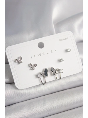 925 Ayar Gümüş Çivi Pirinç Gümüş Renk Zirkon Taşlı Kelebek Model Kadın Küpe Seti