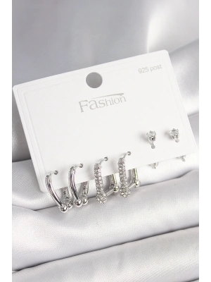 925 Ayar Gümüş Çivi Pirinç Gümüş Renk Zirkon Taşlı Tiffany Halka Model Kadın Küpe Seti