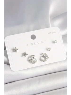 925 Ayar Gümüş Çivi Zirkon Taşlı Hilal Yıldız Model Kadın Küpe Seti