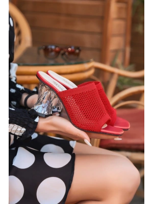 Akva Kırmızı Triko Şeffaf Topuklu Terlik