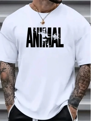 ANIMAL Desen Baskı Erkek Oversive Tişört, Grafik Tişört Erkek Yazlık Outdoor Kıyafetleri, Sporda ve Günlük Giyime Uygun - Beyaz