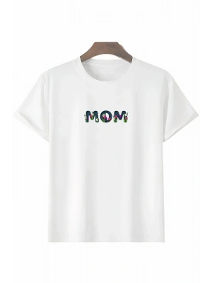 Anneler Gününe Özel Tasarım mom Çiçek Baskılı T-shirt - Beyaz