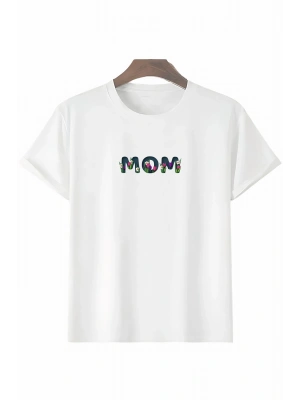 Anneler Gününe Özel Tasarım mom Çiçek Baskılı T-shirt - Beyaz