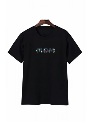 Anneler Gününe Özel Tasarım mom Çiçek Baskılı T-shirt - Siyah
