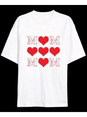 Anneler Gününe Özel Tasarım MOM Kalp Baskılı T-shirt - Beyaz