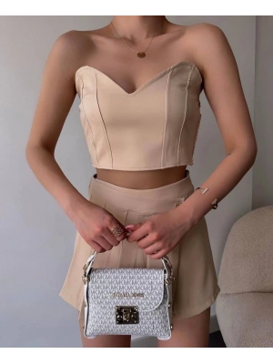 Arkadan büzgülü esnek büstiyer bej