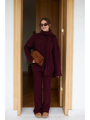 Aurane Bordo Atkılı Saç Örgülü Triko Pantolon Takım