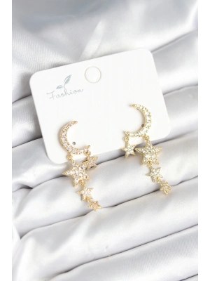 Ay ve Yıldız Model Gold Renk Pirinç Kadın Küpe