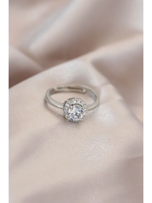 Ayarlamalı Gümüş Renk Metal Zirkon ve Kristal Taşlı Oval Model Yüzük