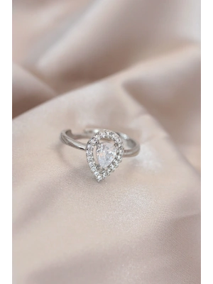 Ayarlamalı Silver Renk Metal Zirkon ve Kristal Taşlı Damla Model Yüzük