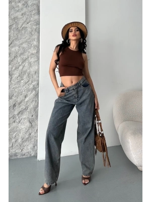 Baggy kar yıkama eskitme kahve jeans pantolon d2007