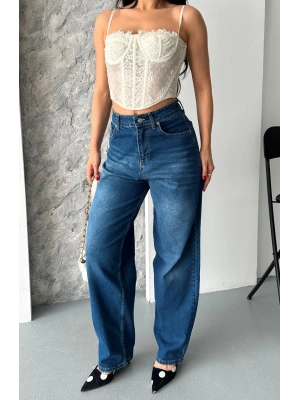 Baggy süper taş bıyık yıkama koyu mavi jeans pantolon d2007