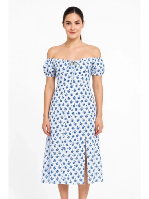 Bardot Omuzu Acık Çiçek Desenli Elbise - Desenli