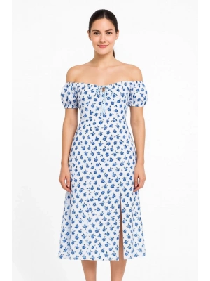 Bardot Omuzu Acık Çiçek Desenli Elbise - Desenli