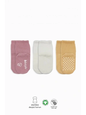 Basic Kaymaz Penye Soket Çorap 3Lü BS10107 Pudra Ekru Somon