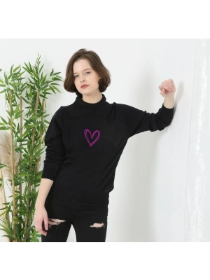 Baskılı Uzun Kol Bisiklet Yaka Dokuma Triko - Siyah