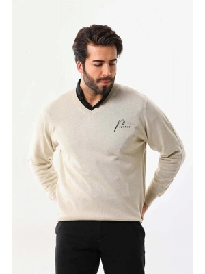 Baskılı V Yaka Uzun Kol Dokuma Triko - Bej