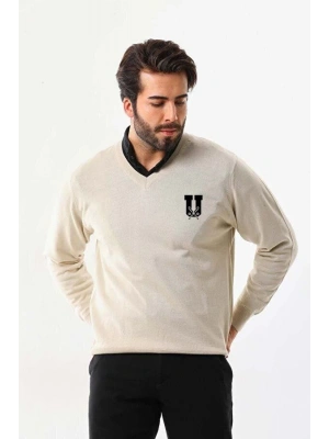 Baskılı V Yaka Uzun Kol Dokuma Triko - Bej