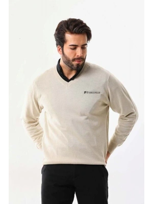 Baskılı V Yaka Uzun Kol Dokuma Triko - Bej