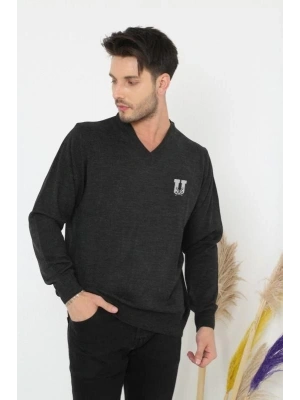 Baskılı V Yaka Uzun Kol Dokuma Triko - Füme