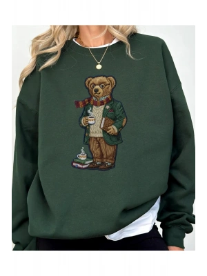 Bear Baskılı Oversize Kesim Uzun Kollu Organik Pamuk Sweatshirt