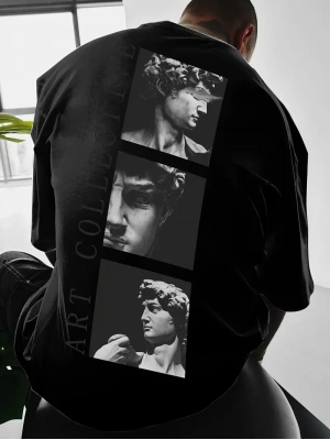 Benzersiz Sırt Baskılı Erkek Sokak Stili Bol Tişört - Nefes Alabilir Polyester, Makinede Yıkanabilir - Siyah