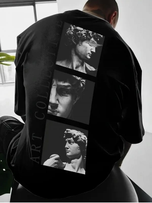 Benzersiz Sırt Baskılı Erkek Sokak Stili Bol Tişört - Nefes Alabilir Polyester, Makinede Yıkanabilir - Siyah