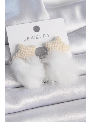 Beyaz Renk Tüylü Yıldız Ponpon Model Kadın Küpe