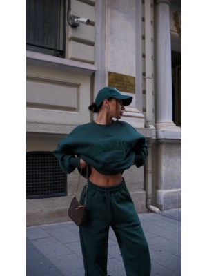 Bisiklet Yaka Nakış İşlemeli Üç İplik Sweat Takım - Yeşil