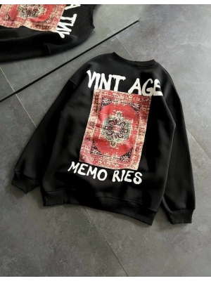 Bisiklet Yaka Üç İplik Baskılı Oversize SweatShirt - Siyah