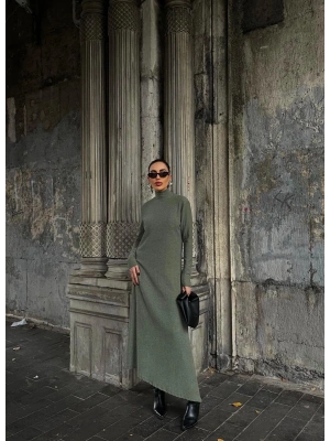 Boğazlı kalın bürümcük uzun elbise yeşil