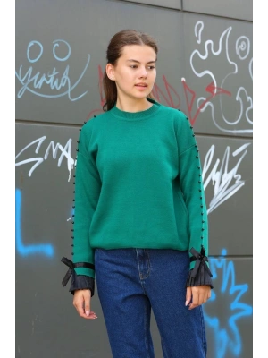 Boncuklu bile detaylı kazak petrol yeşili