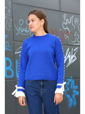 Boncuklu bile detaylı kazak saks mavisi